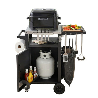 33.9 inch Outdoor Grill Cart with Drop Leaf, Outdoor Metal Bar Cart Pizza Oven Table with Wheels, Stainless Steel Top, Outdoor Kitchen Island with Storage Cabinet & Spice & Paper Rack for BBQ, Waterpr