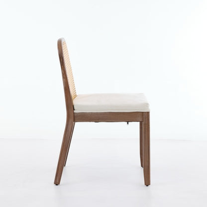 Set of 2 Beige Curved Arched Cane Back Farmhouse Dining Chairs, Distressed Solid Wood Frame S-Spring Chenille Cushion