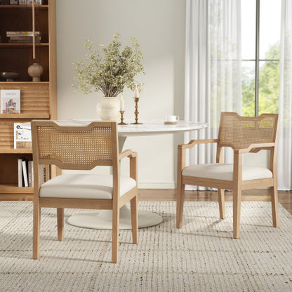 Set of 2 Natural Rubber Wood Farmhouse Rattan Back Arm Dining Chairs, Beige Fabric Upholstered 300 LBS Capacity