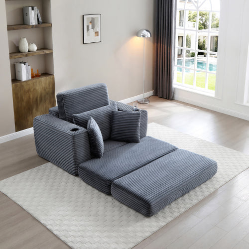 Grey Boneless 3-in-1 Corduroy Chaise Lounge Sofa Bed, 52.4 inch