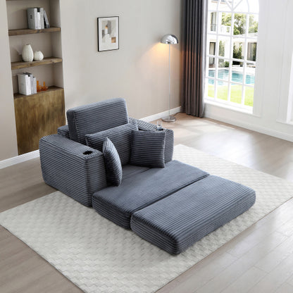 Grey Boneless 3-in-1 Corduroy Chaise Lounge Sofa Bed, 52.4 inch