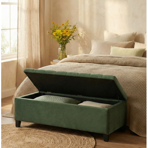 Retro Green Fabric Storage Ottoman Bench, Boucle Upholstered Entry & End of Bed Bench, 300 LBS Capacity 51.18 inchL x19.29 inchW x17.72 inchH