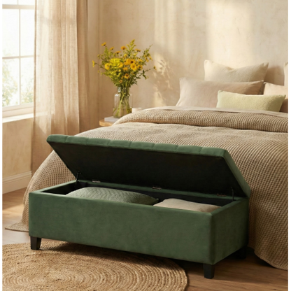 Retro Green Fabric Storage Ottoman Bench, Boucle Upholstered Entry & End of Bed Bench, 300 LBS Capacity 51.18 inchL x19.29 inchW x17.72 inchH