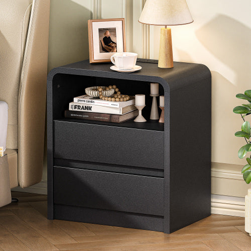Black Smooth 2-Drawer Nightstand with Charging Station, Mid-Century USB Bedside Table