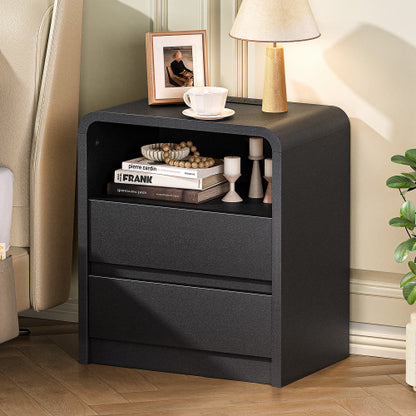 Black Smooth 2-Drawer Nightstand with Charging Station, Mid-Century USB Bedside Table