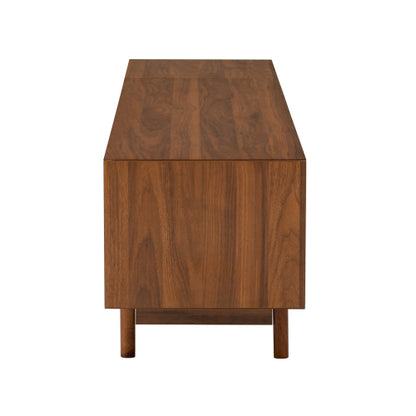 78.7 inch Walnut Fluted Glass Door TV Stand 2 Drawer Media Console Solid Wood Leg For 85 inch TV