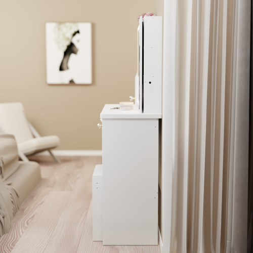 29.2" Small Size Left Drawer Desktop Vanity Table + Cushioned Stool, Extra Large Right sliding mirror, Multi Layer High Capacity Storage, Practical Fashionable Dresser, Suitable For Small Space