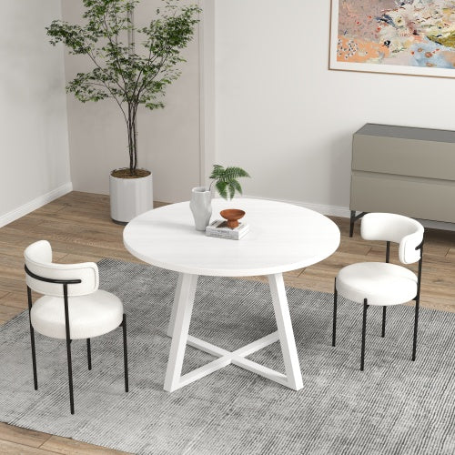3-Piece Round Dining Set, Trestle Base Table & 2 Boucle Fabric Chairs