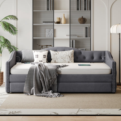 Twin Size Upholstered Daybed with Trundle and USB Charging Design, Sturdy Wood Slat Support, Wood Bed Frame for Bedroom/Guestroom/Dorm,Plush Velvet Fabric,Gray