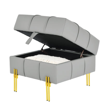 Gray Anti-Scratch Leather Storage Ottoman, Pet-Friendly Bench with Golden Stainless Steel Legs