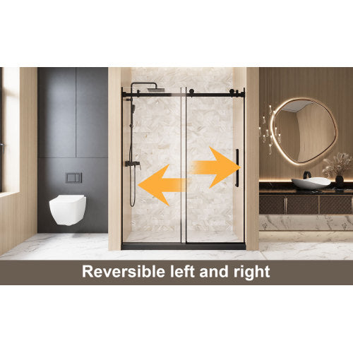 Frameless Single sliding shower door 56-60 "W x 76" H, 1/4 "(6 mm) Clear Tempered Glass, Explosion Proof Film, Stainless Steel Handle Square Tube Track ,Matte Black