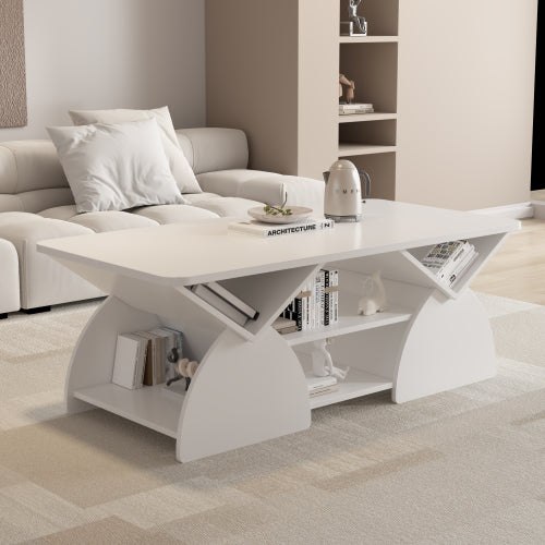 47.24 Inch Rectangular Storage Coffee Table, White