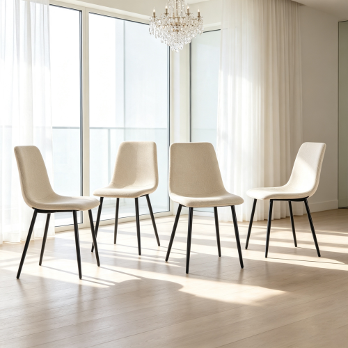 Linen Upholstered Dining Chairs with Black Metal Legs, Set of 4, Beige