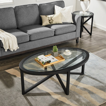 46.5 Inch Round Tempered Glass Coffee Table, Solid Wood Base Anti-Scratch Accent Table for Living Room & Terrace