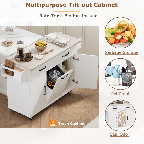 Kitchen Island Cart with Trash Storage Drop Leaf and Adjustable Shelves White