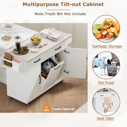 Kitchen Island Cart with Trash Storage Drop Leaf and Adjustable Shelves White