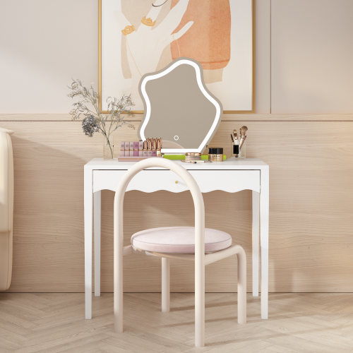 White 35.43inch  Vanity Desk with Drawer ¨C Modern Makeup Table with Scalloped Front & Gold Knob, Compact Writing Desk with 4 Sturdy Legs for Bedroom, Small Home Office & Apartment Spaces