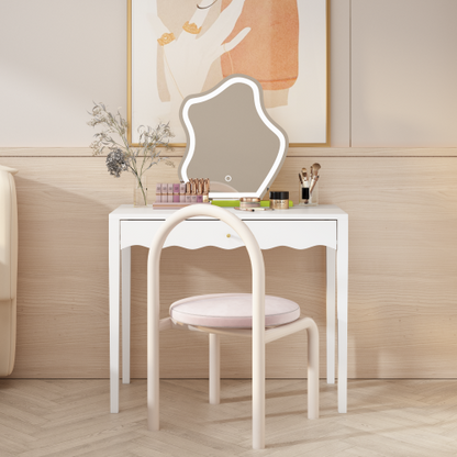 White 35.43inch  Vanity Desk with Drawer ¨C Modern Makeup Table with Scalloped Front & Gold Knob, Compact Writing Desk with 4 Sturdy Legs for Bedroom, Small Home Office & Apartment Spaces