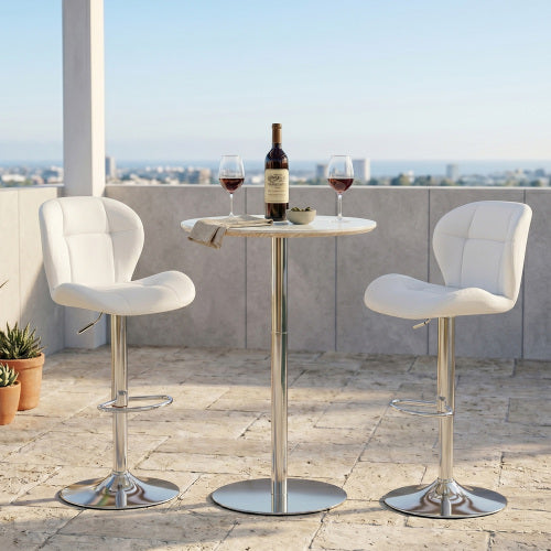 Set of 2 Height Adjustable Bar Stools, PU Upholstered Tufted Backrest Chairs with Chrome-Plated Metal Base & Footrest for Kitchen Island, Pub, Bar (White)