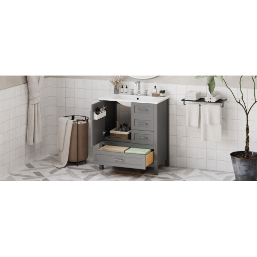 30" Gray Bathroom Vanity with Sink Combination Set, Bathroom Storage Cabinet with Soft Close Door, 3 Soft Close Drawers and Removable Tray, Solid Wood Frame