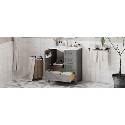30" Gray Bathroom Vanity with Sink Combination Set, Bathroom Storage Cabinet with Soft Close Door, 3 Soft Close Drawers and Removable Tray, Solid Wood Frame