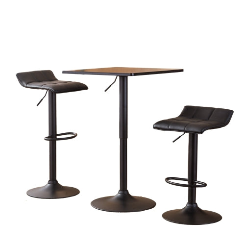 Black Square Top Adjustable Height with Black Leg And Base Metal Bar Table and 2 Swivel Black Bonded Leather Adjustable Bar Stool Bar Sets