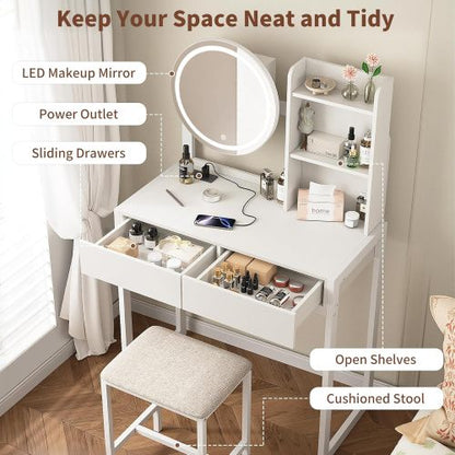 White Vanity Desk with LED Lighted Mirror, 3 Modes, USB Outlet, Drawer & Stool