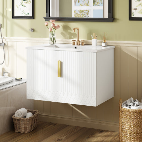 30" Vintage Bathroom Vanity with Ceramic Sink, with 3 Holes Single Ceramic Sink, Bathroom Storage Vanity Cabinet with 2 Soft Closing Doors