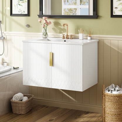 30" Vintage Bathroom Vanity with Ceramic Sink, with 3 Holes Single Ceramic Sink, Bathroom Storage Vanity Cabinet with 2 Soft Closing Doors