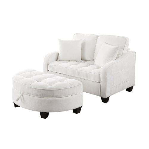 Beige 2-Seater Irregular Curved Sofa Chaise, Storage Footrest, 2 Throw Pillows