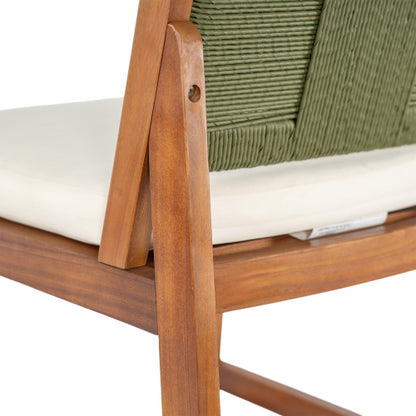 Outdoor Acacia Wood Bar Stools (Set of 2), Teak Finish Bar Height Chairs with Cream Cushion & Green Wicker Back, Counter Height Stools for Patio, Poolside, Kitchen Island
