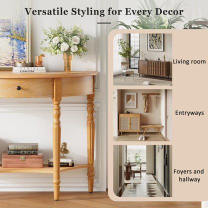 Half Moon Console Table with Drawer & Shelf - Rustic Accent Table, Sofa Table for Entryway, Living Room, Hallway and Foyer (Natural)