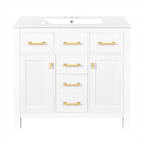 36'' Bathroom Vanity with Ceramic Sink Combo Set,Modern Freestanding Single Bathroom Cabinet with 4 Drawers & 2 Cabinets,Storage Cabinet for Bathroom, Solid Wood Frame Vanity Set, White