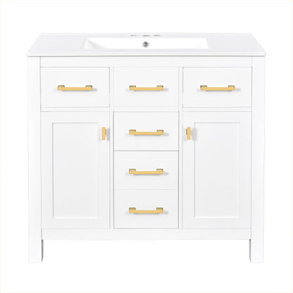 36'' Bathroom Vanity with Ceramic Sink Combo Set,Modern Freestanding Single Bathroom Cabinet with 4 Drawers & 2 Cabinets,Storage Cabinet for Bathroom, Solid Wood Frame Vanity Set, White