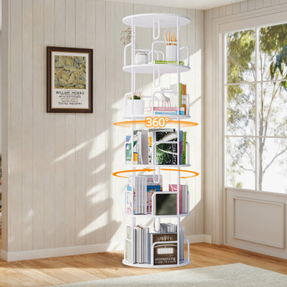 White 5-Tier 360¡ã Rotating Book Tower Vertical Spinning Design Space-Saving Home Living Room Storage Organizer