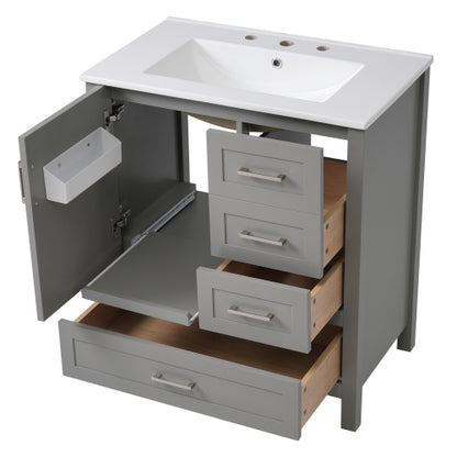 30" Gray Bathroom Vanity with Sink Combination Set, Bathroom Storage Cabinet with Soft Close Door, 3 Soft Close Drawers and Removable Tray, Solid Wood Frame