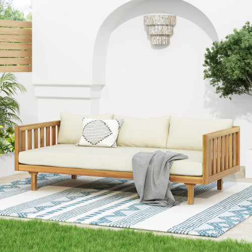 Acacia Wood Patio Furniture Set,Outdoor 3 Seater Daybed(with Water Resistant Thick Cushions)and Round Coffee Table, Beige Cushion