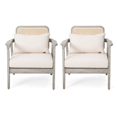 (SET OF 2) Outdoor Acacia Wood Patio Club Chair, Patio Furniture,Waterproof Thick Cushion Deep Seating for Porch, Garden, Backyard, Balcony, Weight Capacity 400lbs, Light Gray finish, Cream cushion