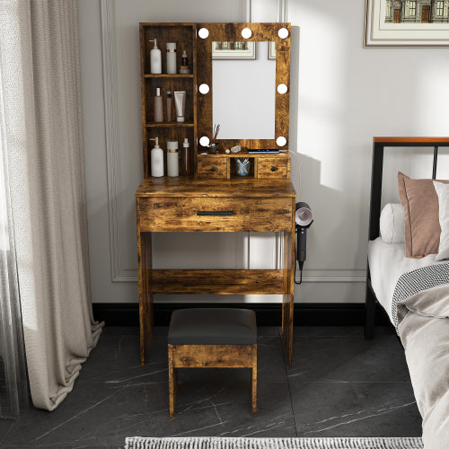 Vintage Compact LED Vanity Table Set, Power Outlet, Hairdryer Holder & Upholstered Stool