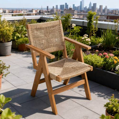 Lounge chair teak color, suitable for all seasons: Outdoor lounge chair, made of sturdy HIPS material, equipped with 304 stainless steel accessories.