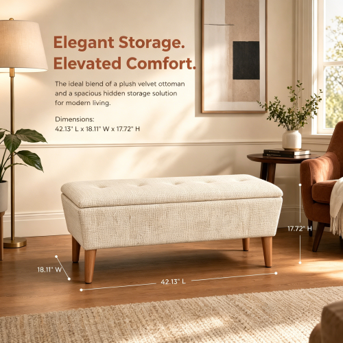 42 Inch Rectangular Linen Ottoman Bench, Solid Wood Tapered Legs, Multi-Use End of Bed & Entryway Shoe Ottoman