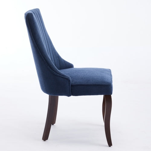 Set of 2 Blue Rayon Flocking Linen High Back Dining Chairs, Curved Solid Wood Legs Adjustable Leveling Feet