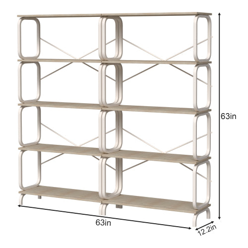 White 5-Tier Industrial Style Bookshelf, Metal Frame MDF Open Storage Rack, Max Total Load 450lbs