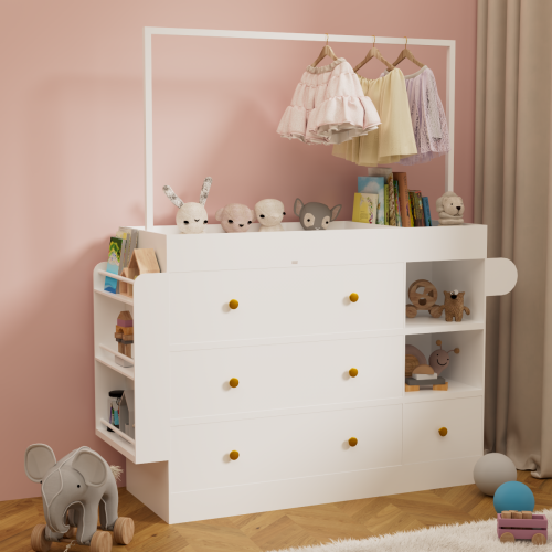 Modern Table Dresser,Baby Dressing Table with 3 extra deep Drawers and Storage Shelves and Hangers, Multi-Functional Baby Changing Table with Drying Rack for Nursery, White