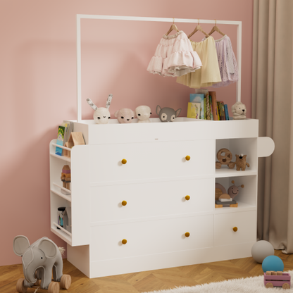 Modern Table Dresser,Baby Dressing Table with 3 extra deep Drawers and Storage Shelves and Hangers, Multi-Functional Baby Changing Table with Drying Rack for Nursery, White