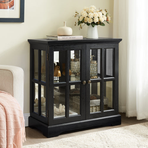 Black Retro 7-Color Bluetooth LED Lattice Glass Adjustable Display Cabinet