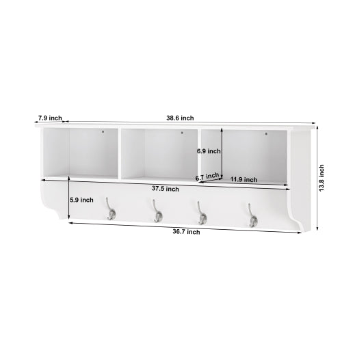 White Entryway Wall Mounted Coat Rack with 4 Dual Hooks Living Room Wooden Storage Shelf