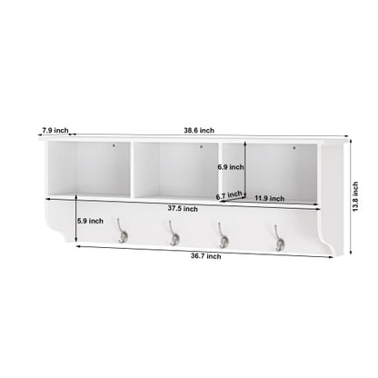 White Entryway Wall Mounted Coat Rack with 4 Dual Hooks Living Room Wooden Storage Shelf