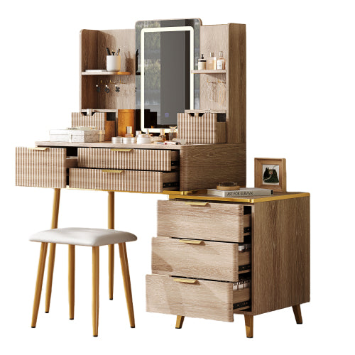 7-Drawer White Vanity Desk with LED Mirror & Carved Details, Fluted Makeup Table, Metal Legs, PU Stool & Jewelry Storage