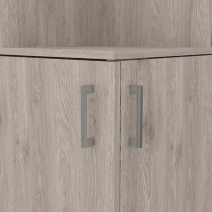Corner Bar Cabinet, Eight Bottle Cubbies, Double Door, Two Open Shelves